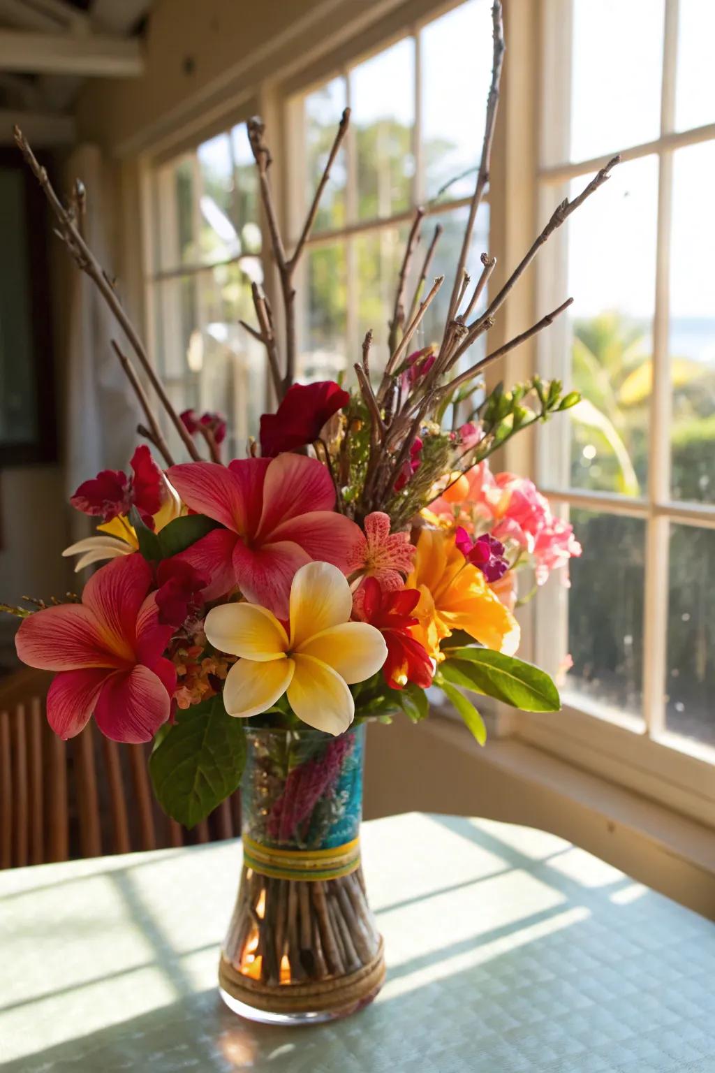 An exotic amalgamation of branches and tropical blossoms.