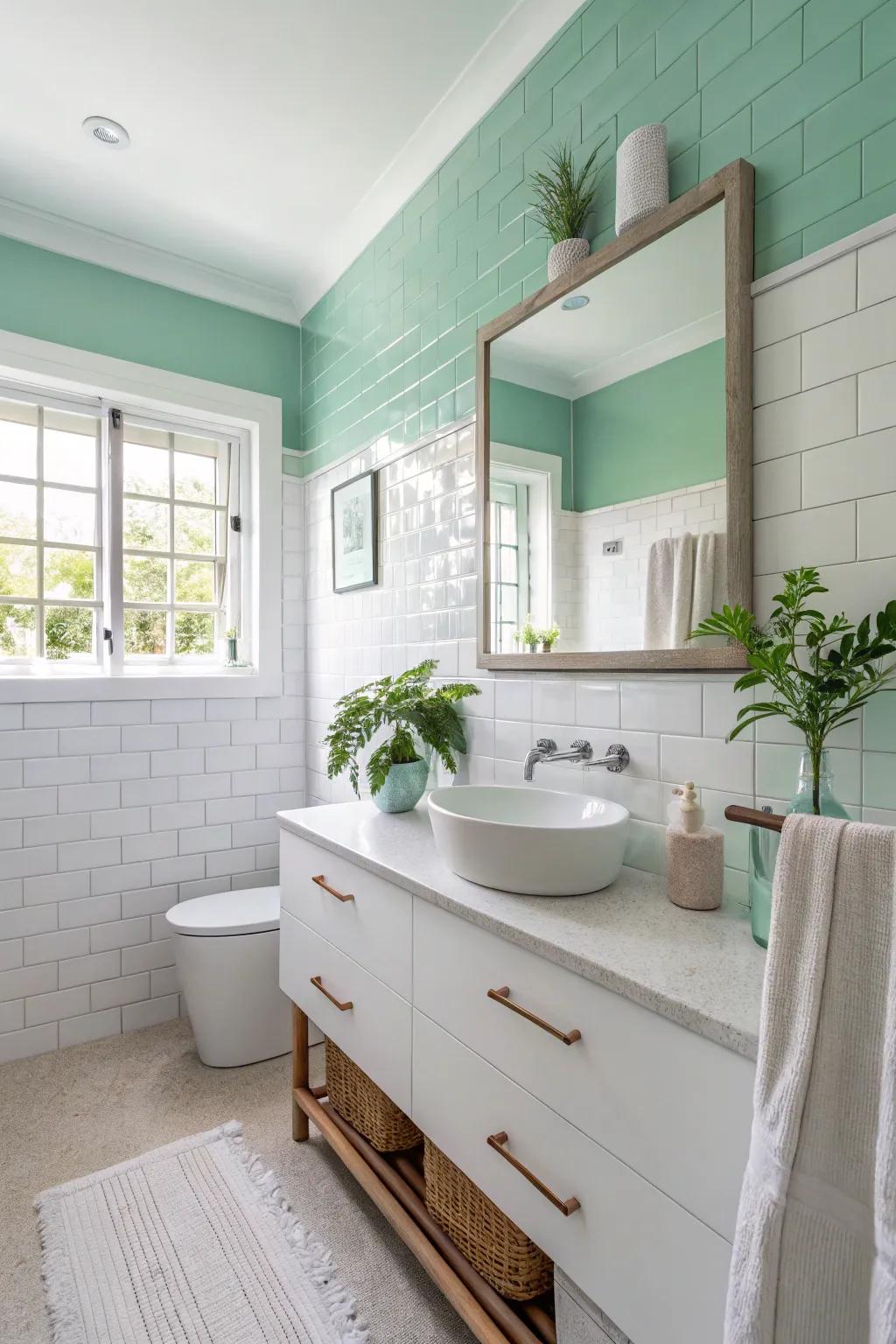 A crisp mint and white two-tone wall scheme which produces a refreshed, neat impression.