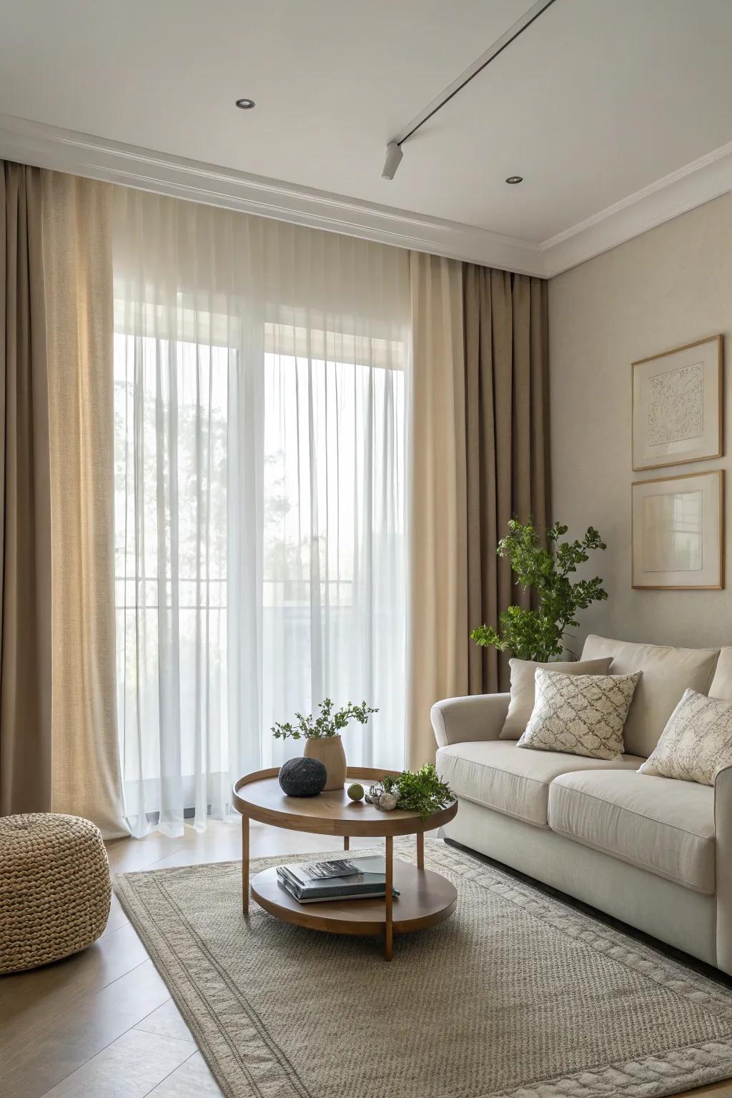 Minimalist two-tone window dressings offering simplicity in a pristine drawing room.