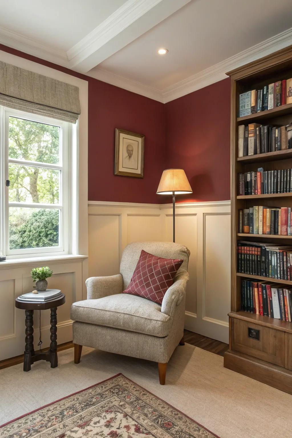 A comfortable reading alcove adorned with warm burgundy and cream walls.