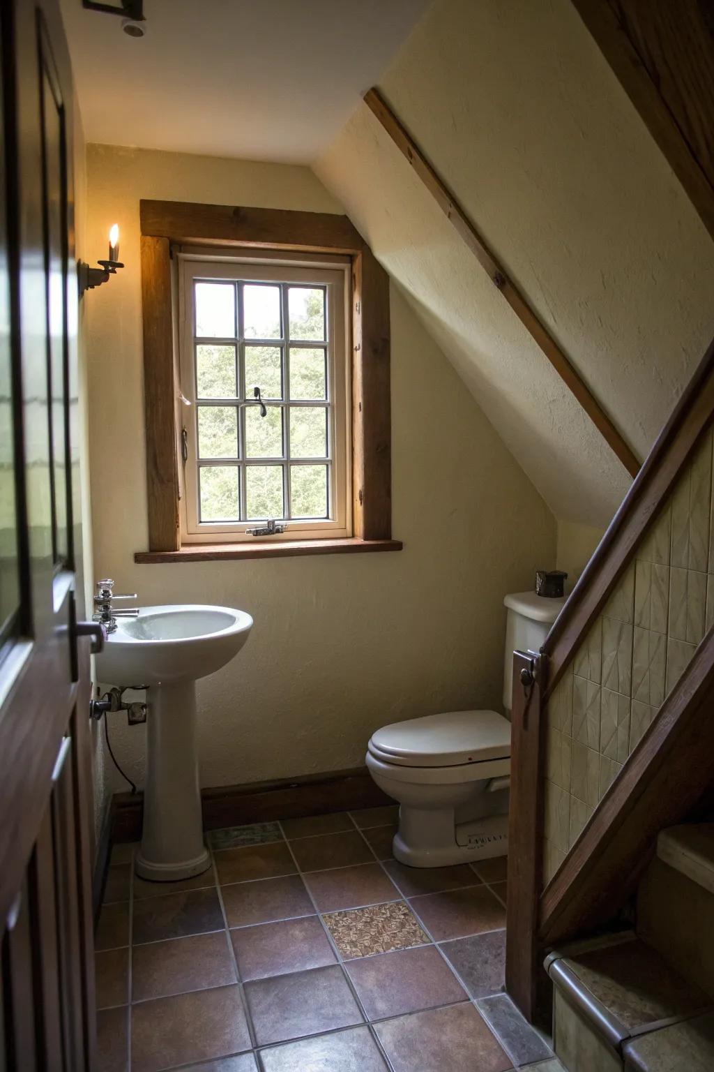 A below-stairs washroom bathed in natural light from a strategically placed window.