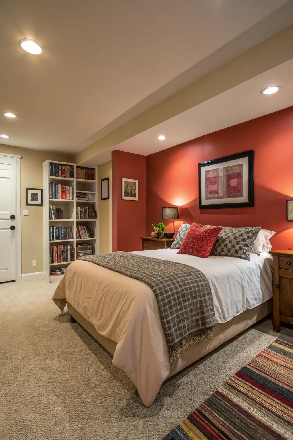 A feature wall can leave a striking impression within your basement bedroom.