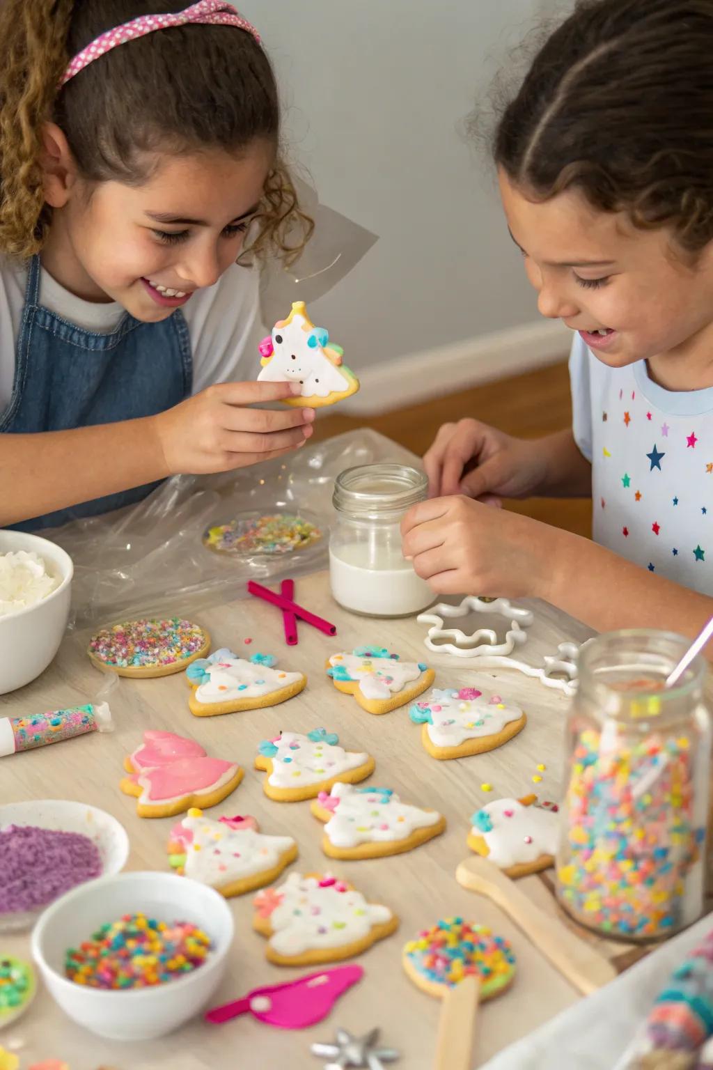 Kids decorating unicorn cookies with colorful icing.