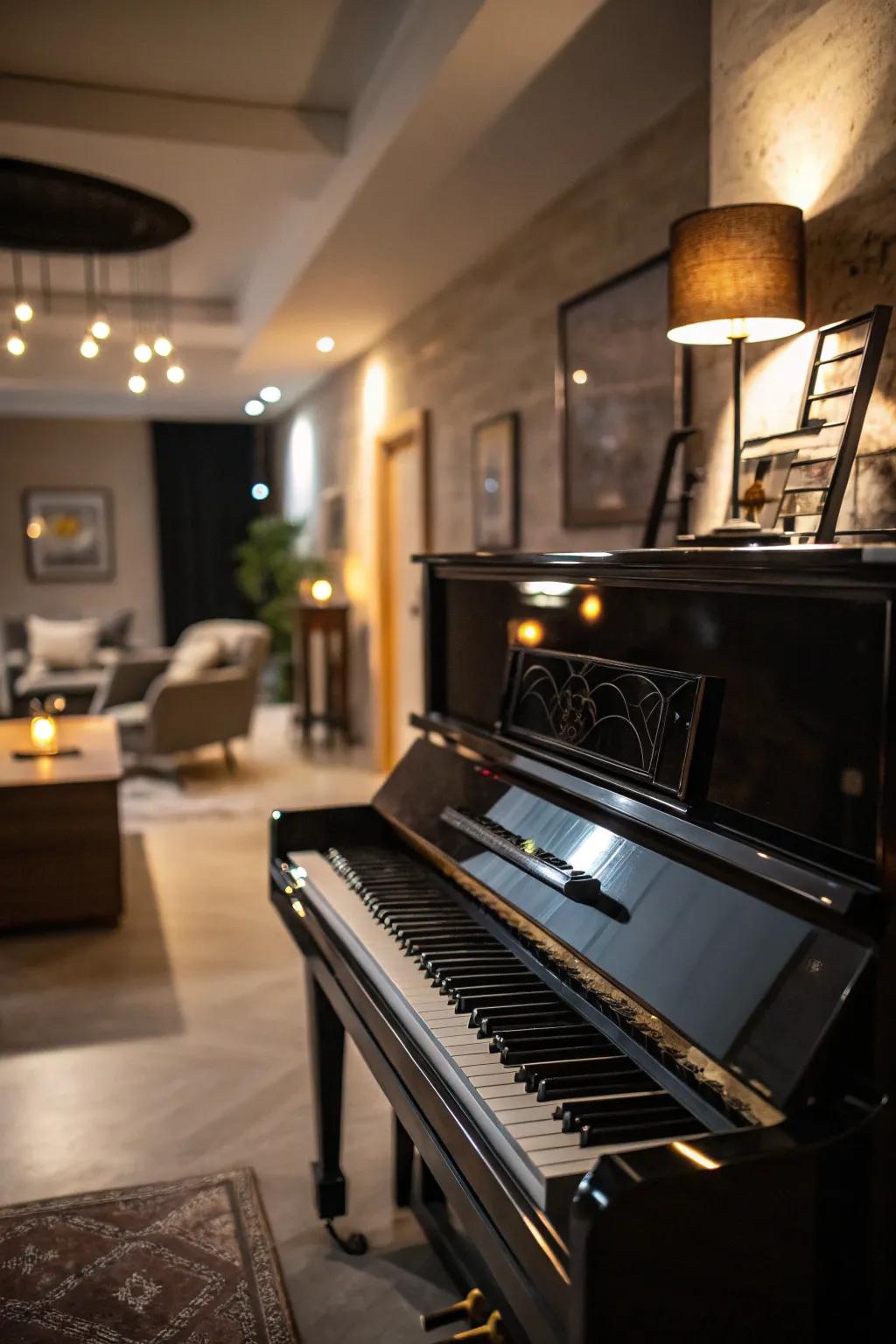 An artistic living space featuring an upright piano alongside dramatic statement lighting.