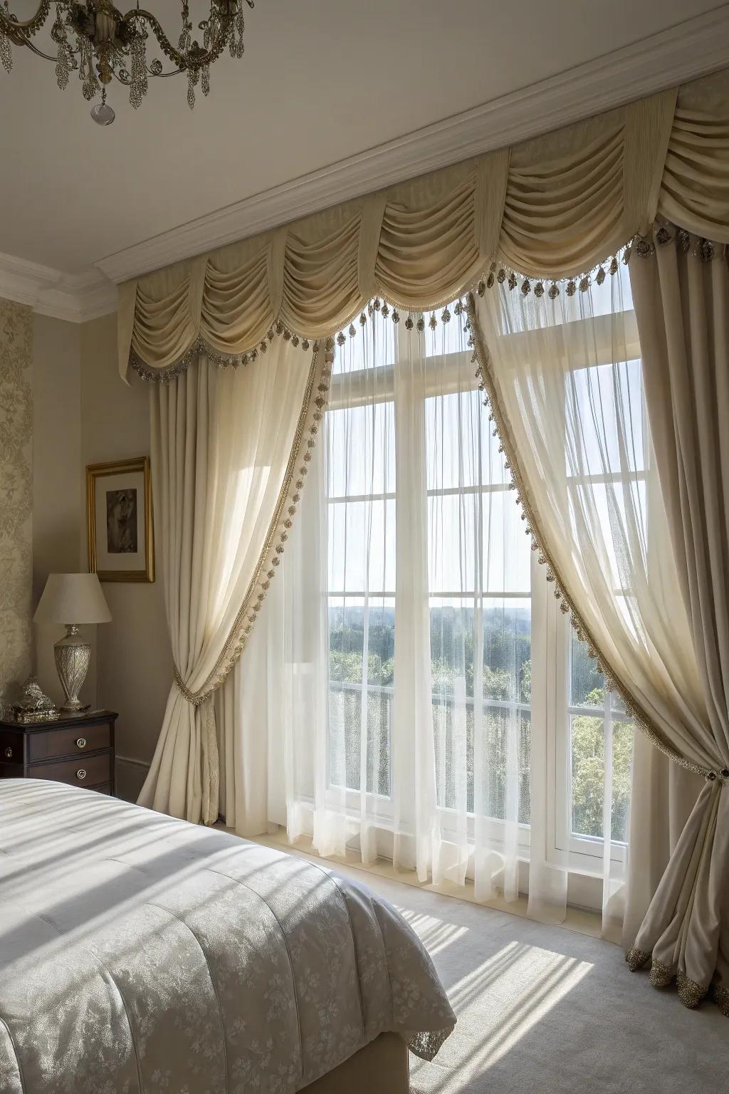 A window exhibiting a scalloped-edge valance within an elegant bedroom.