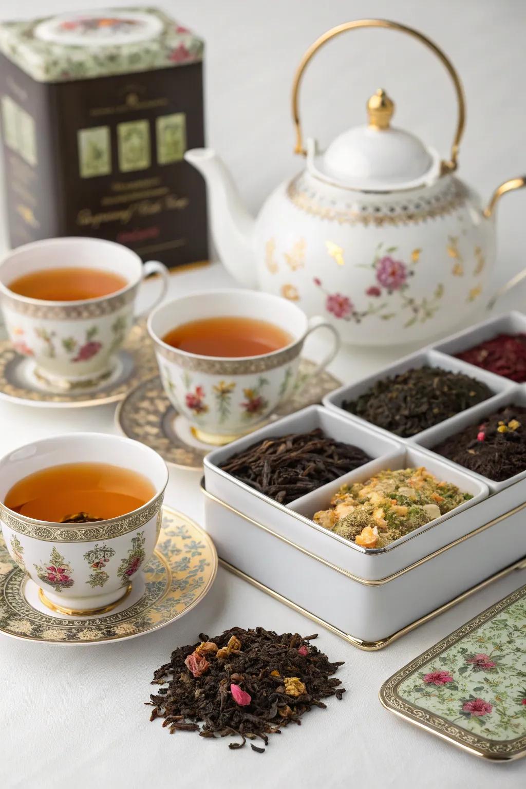 A luxurious gourmet tea assortment with elegant serving ware.