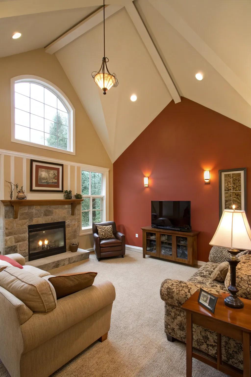 Living room featuring a vaulted ceiling and a dual-tone painted accent wall