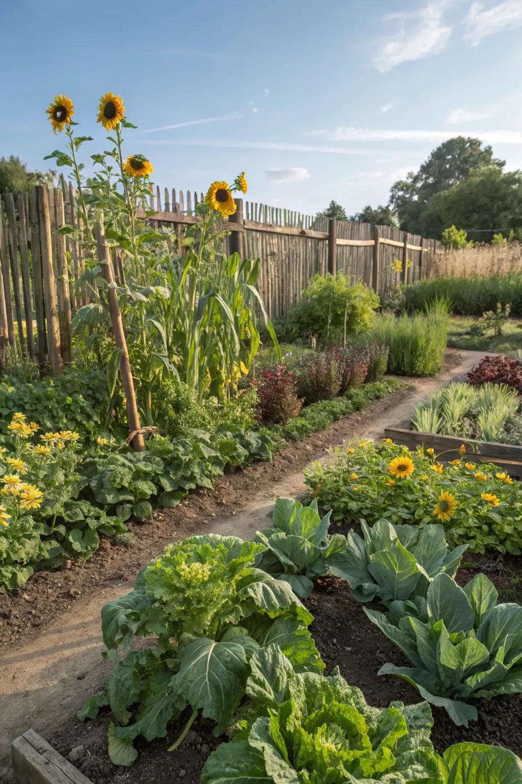 Sections can show dynamic harvests—a masterpiece by vegetables and blooms.