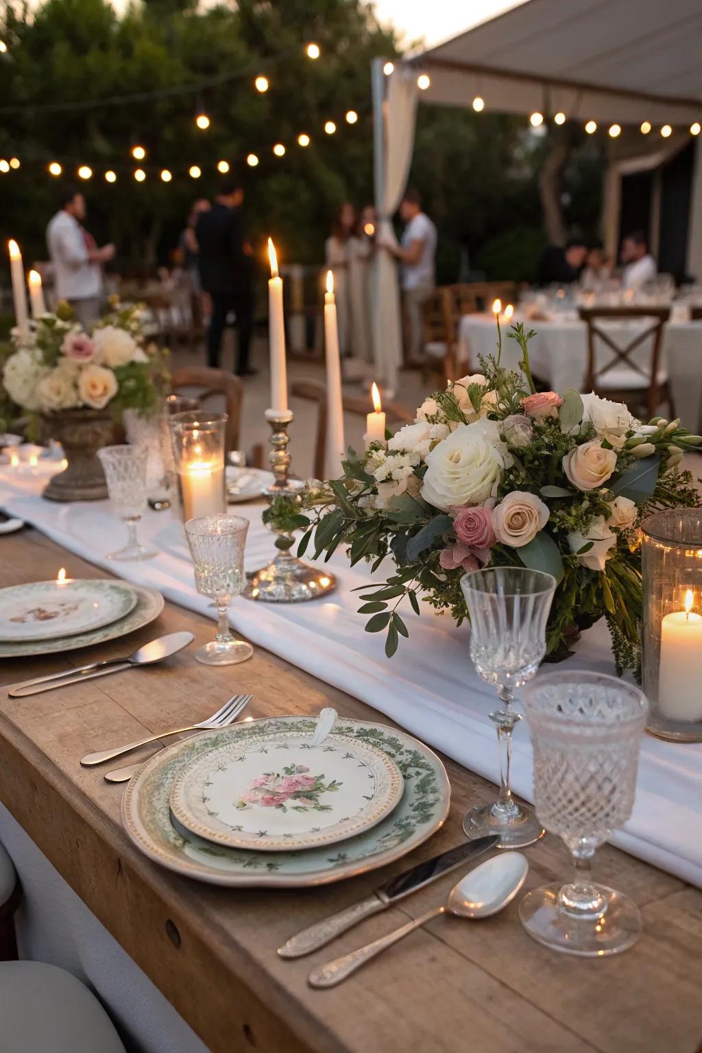 A table setting featuring elegant heritage serving pieces at a wedding.