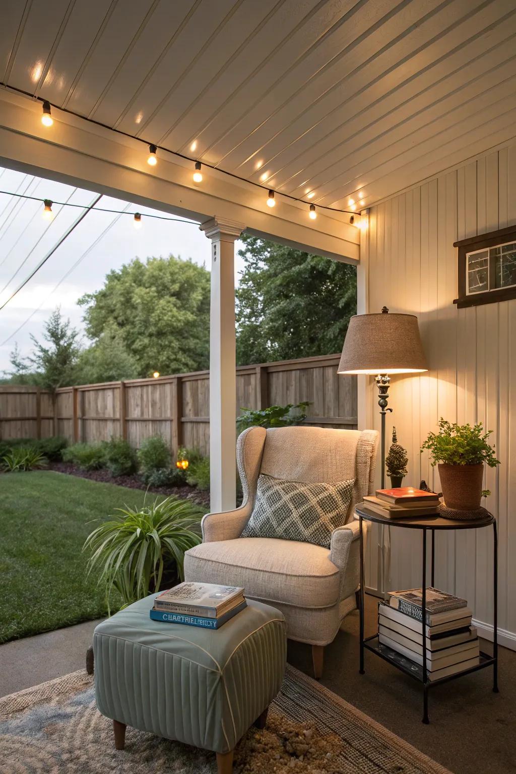 Accent lights upon vinyl ceilings emphasize porch elements flawlessly.