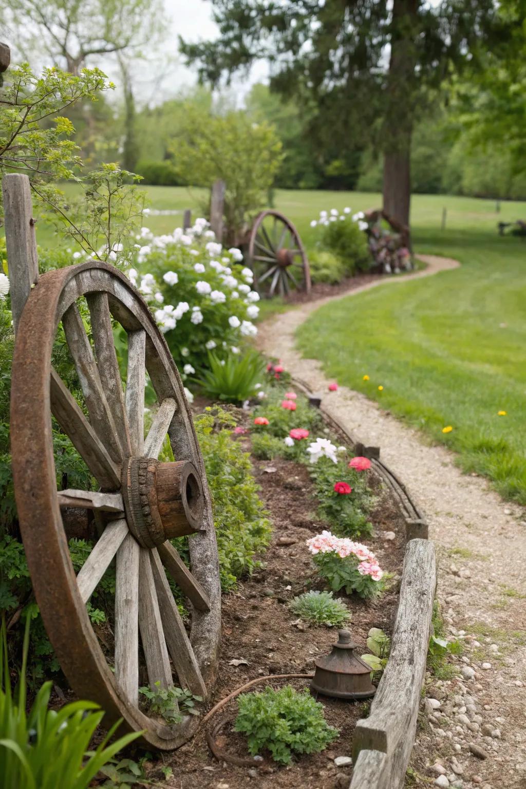 Partially buried carriage wheels lining a grounds path, offering whimsical guidance.