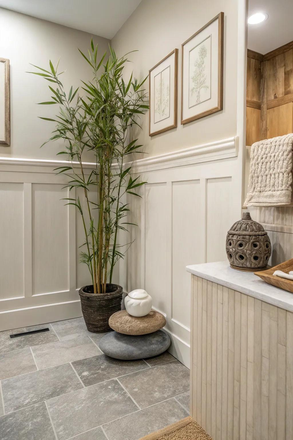 A minimalist lavatory enhanced via subtle paneling.