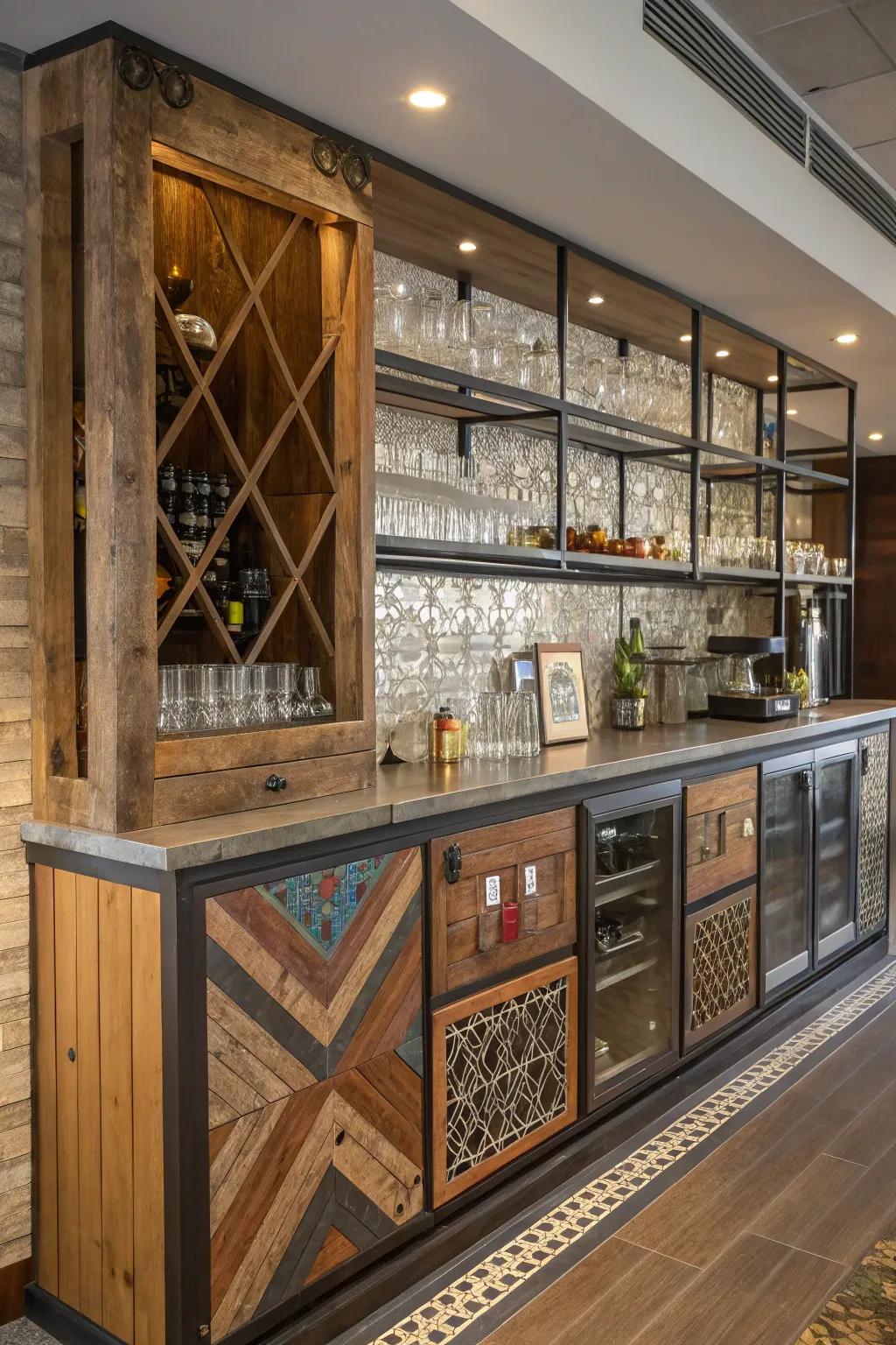 An eclectic amalgamation of textures and substances fashions a unique and inviting wall bar.