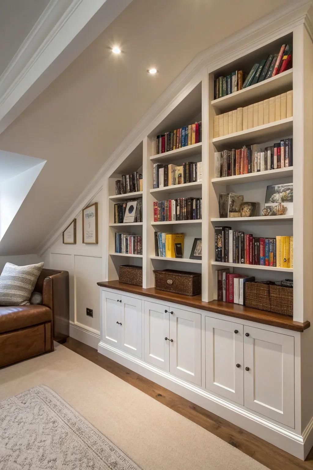 Bespoke configured shelving capitalizes upon the intrinsic potential extant across irregular zones.