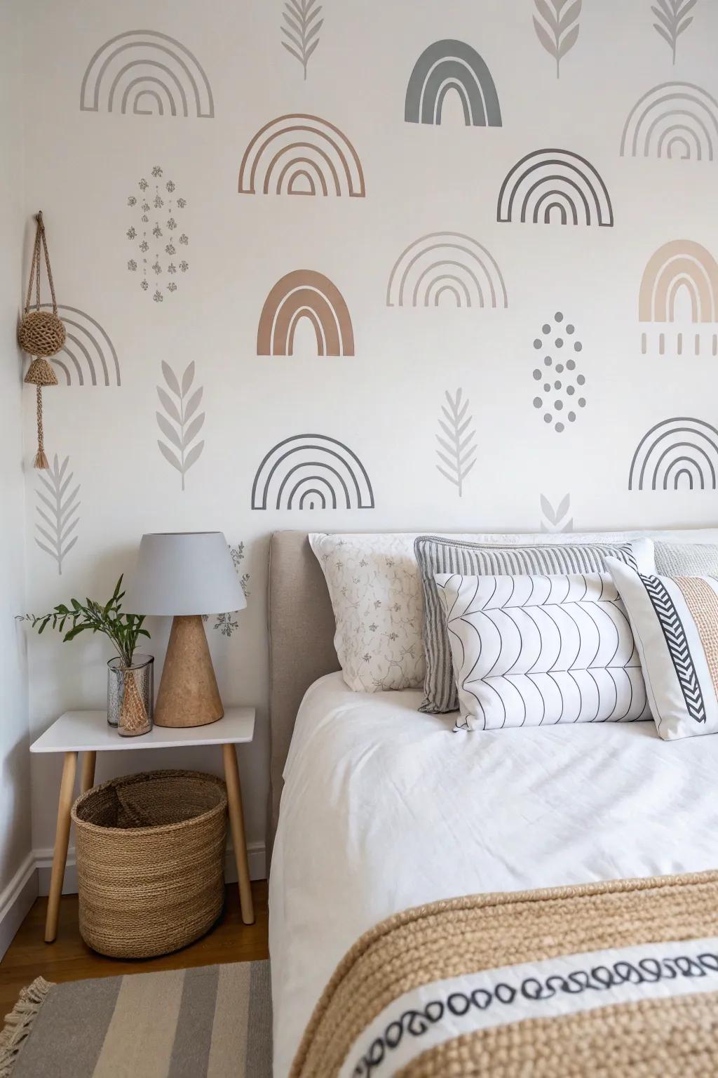 Minimalistic decals enhance the serene elegance of this bedroom.