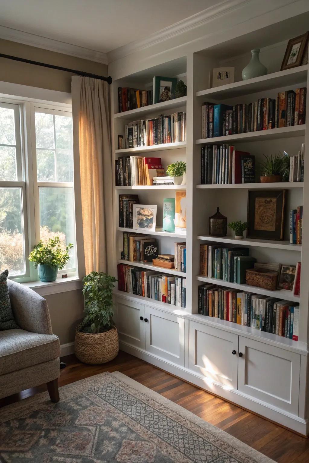 A nook library metamorphoses a living space into a comforting retreat.