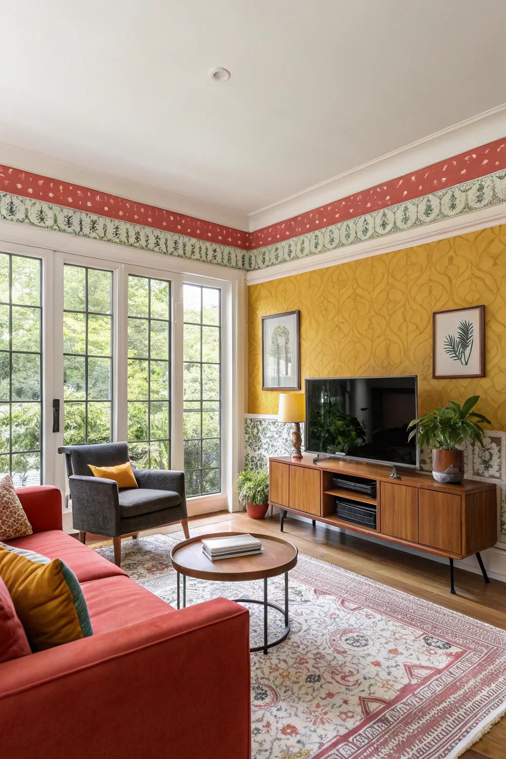A spirited living space invigorated through a contrasting hue wallpaper border.