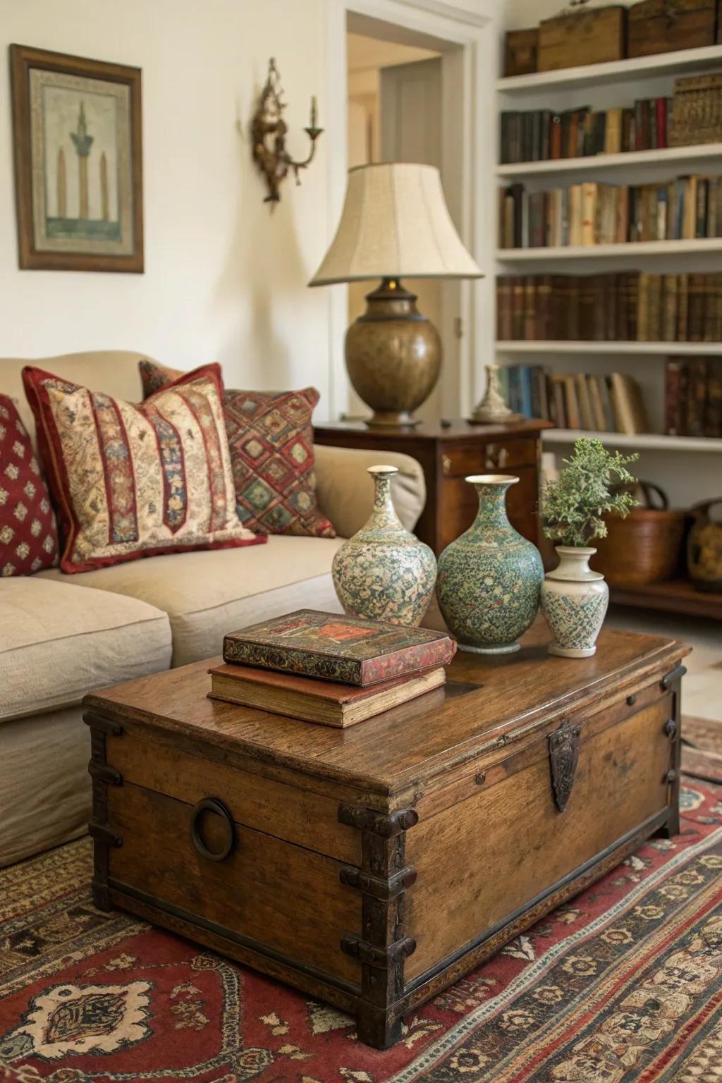 Classic discoveries introduce allure and history to a neutral living room.