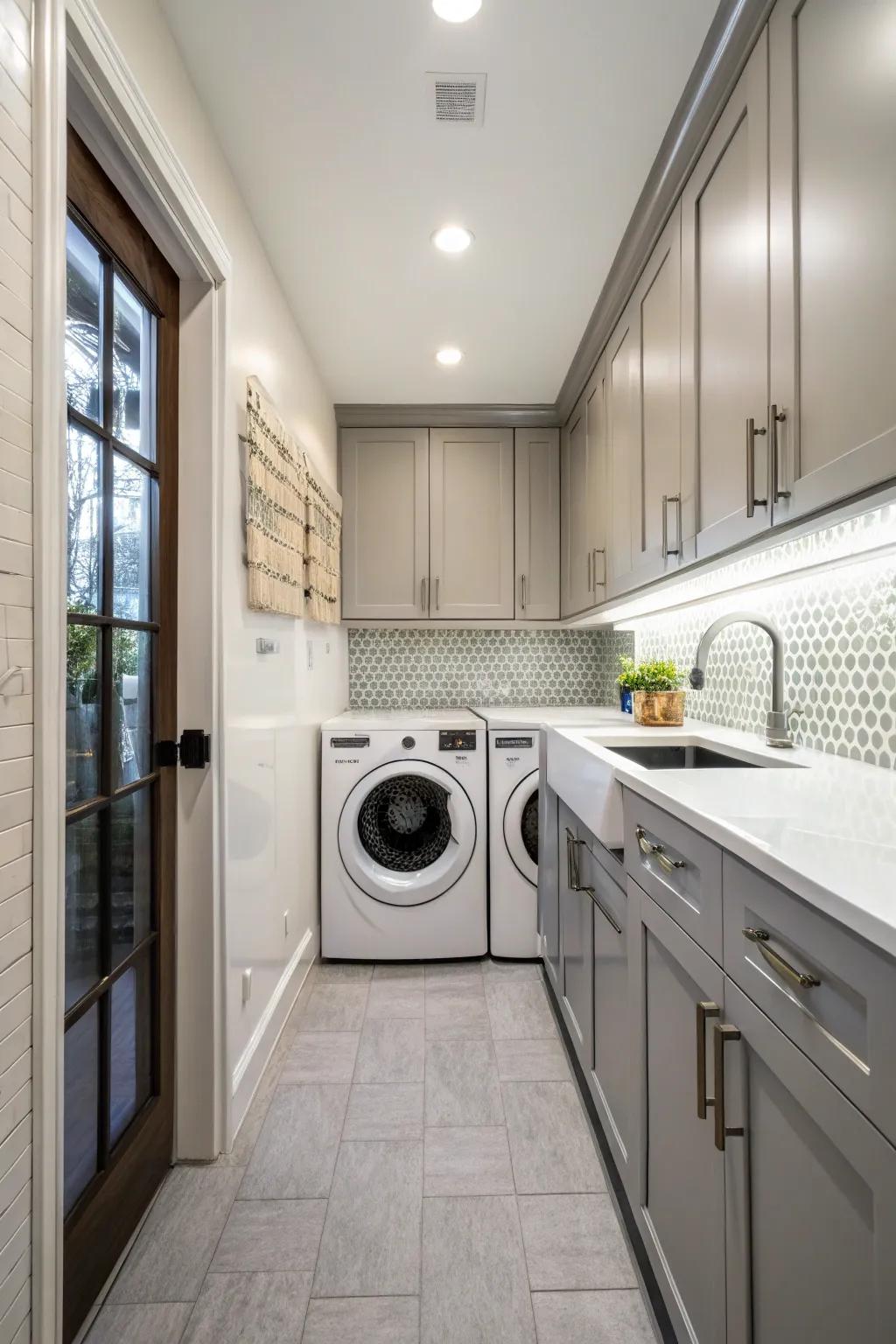 A corridor configuration optimizes area for a washer and dryer within the culinary space.