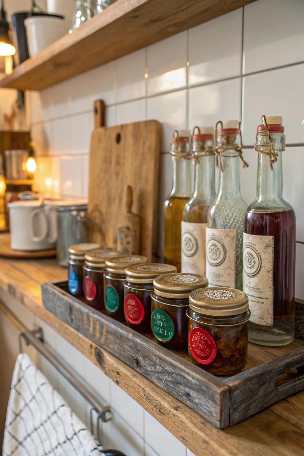 Bottles and jars adorned with wax seals, offering a rustic and stylish touch to your kitchen décor.