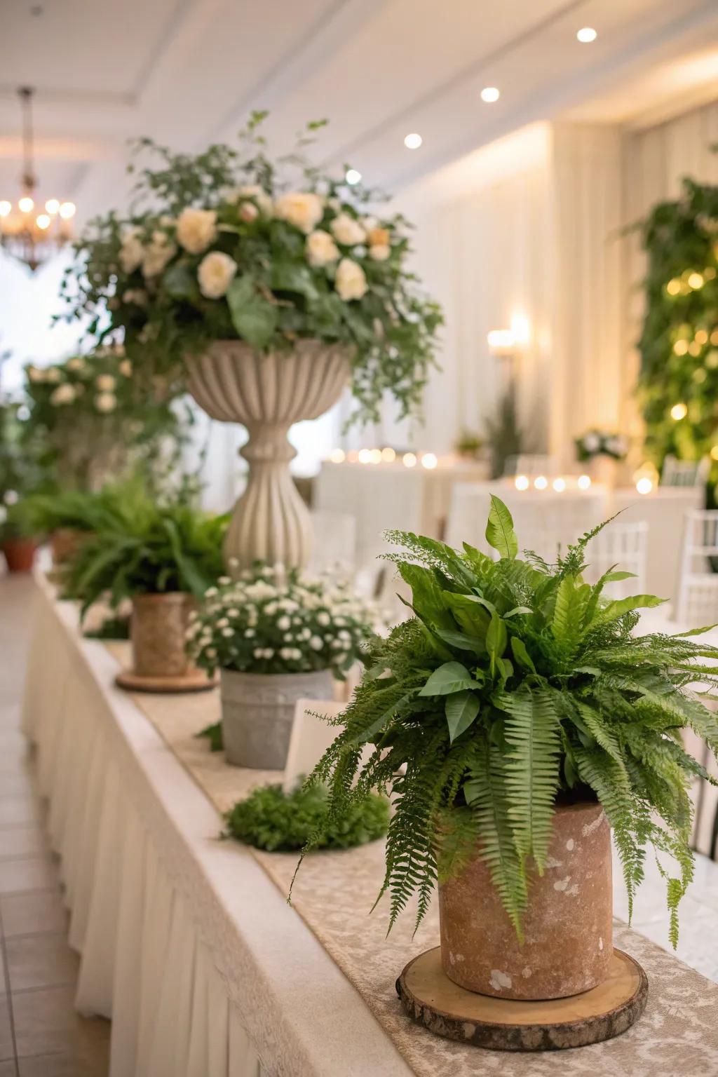 Potted flora introduce vitality and sustainability to wedding decor.