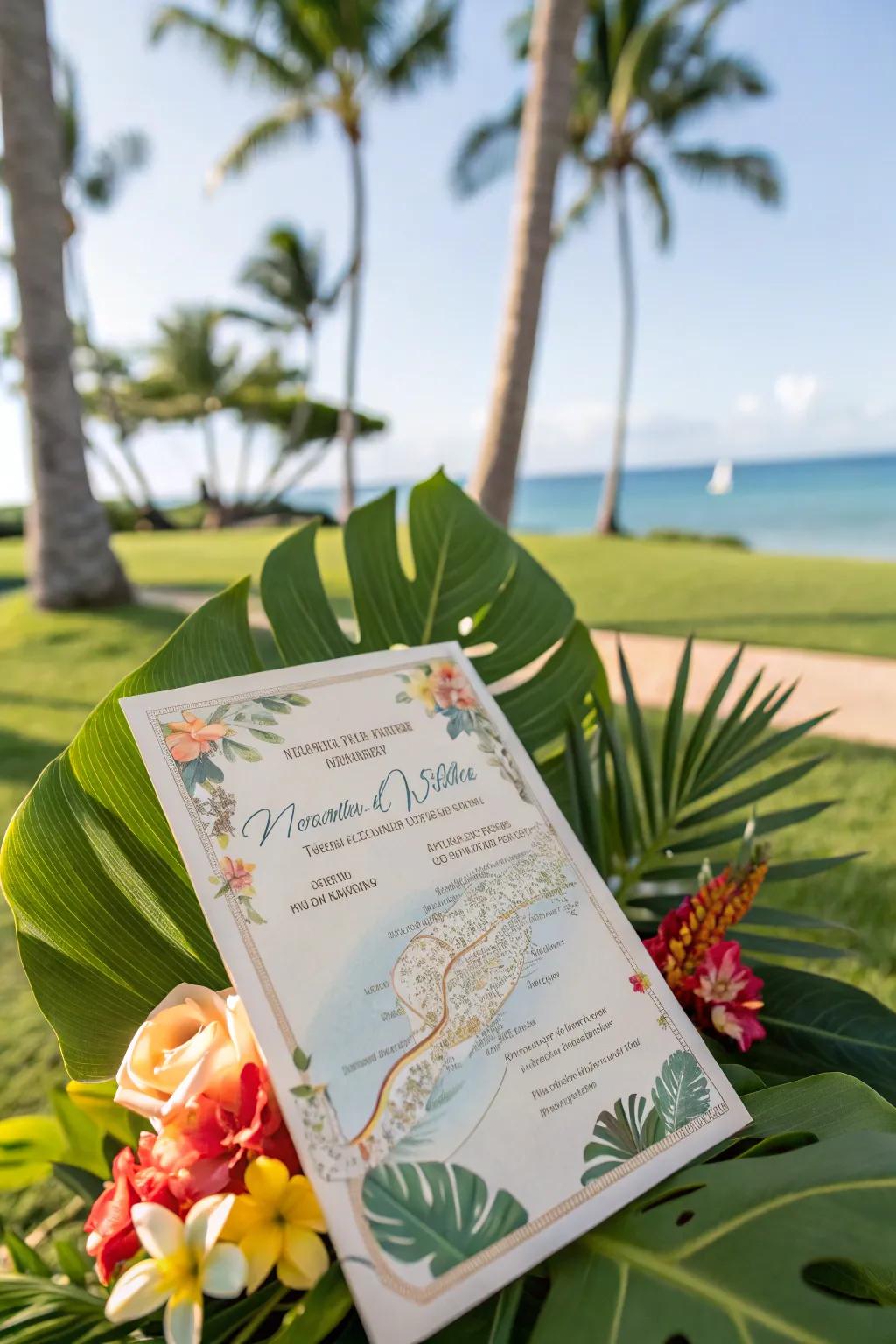 A destination invitation featuring a map and tropical motifs.