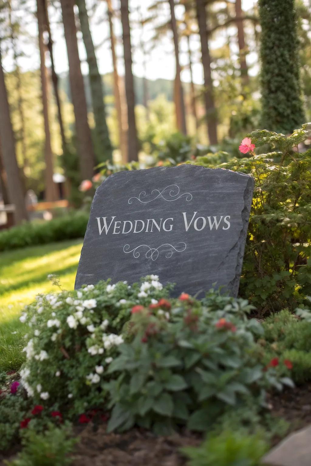 Sophisticated slate vows integrating with the natural beauty of a garden.