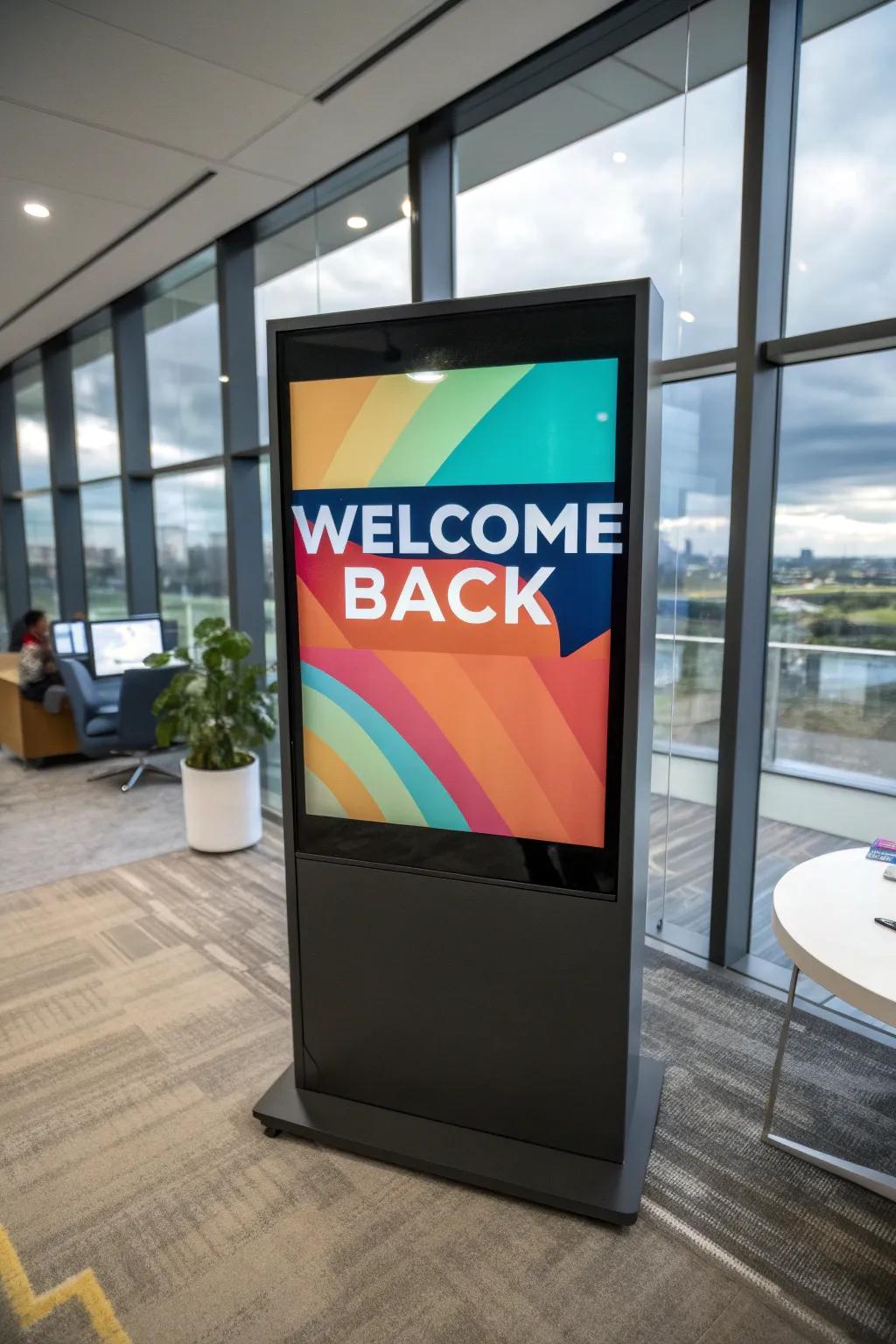 A digital poster proffers dynamic welcomes in a tech-savvy office.