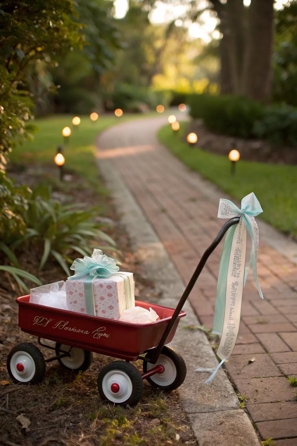 A toy carriage adds a playful and nostalgic touch.