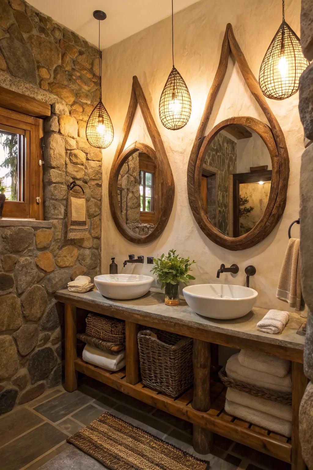 Unique mirrors add interest and style to this bathroom.