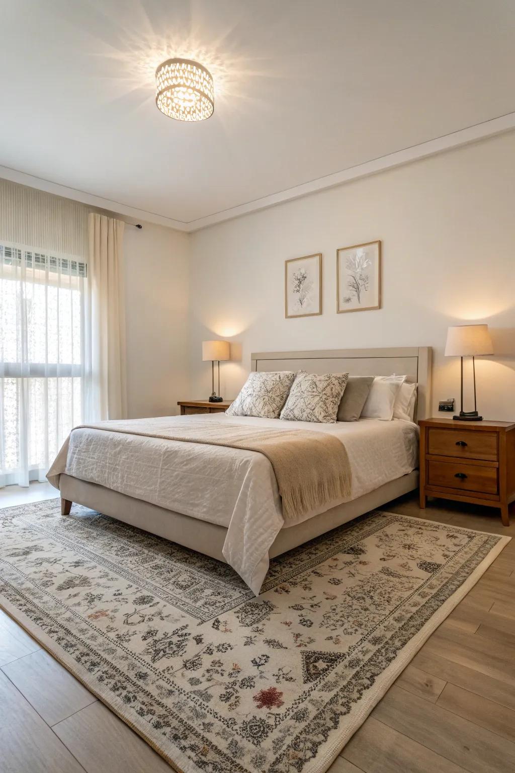 A minimalist floor covering selection enhances tranquility and serenity within the bedroom.