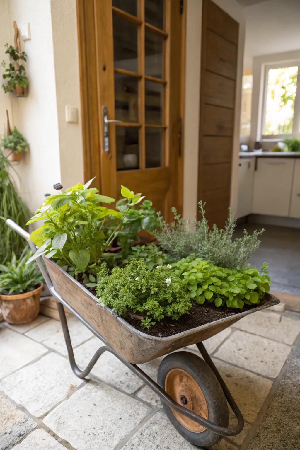 A practical and fragrant herb garden housed in a wheelbarrow.