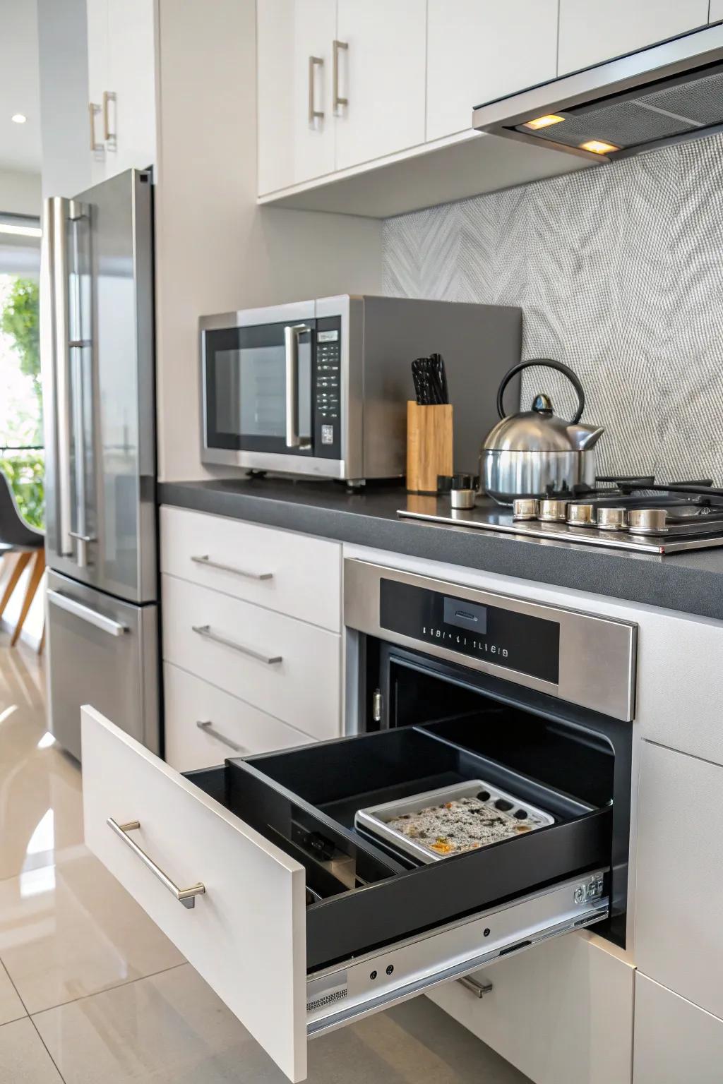 A microwave ingeniously concealed inside a kitchen drawer.