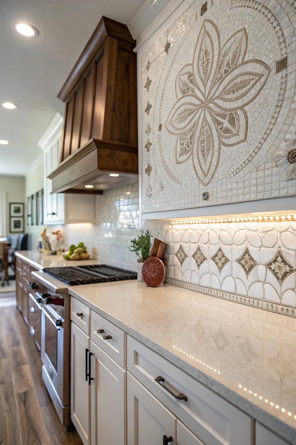 Artistic inlay tiles fashioning a bespoke focal feature.