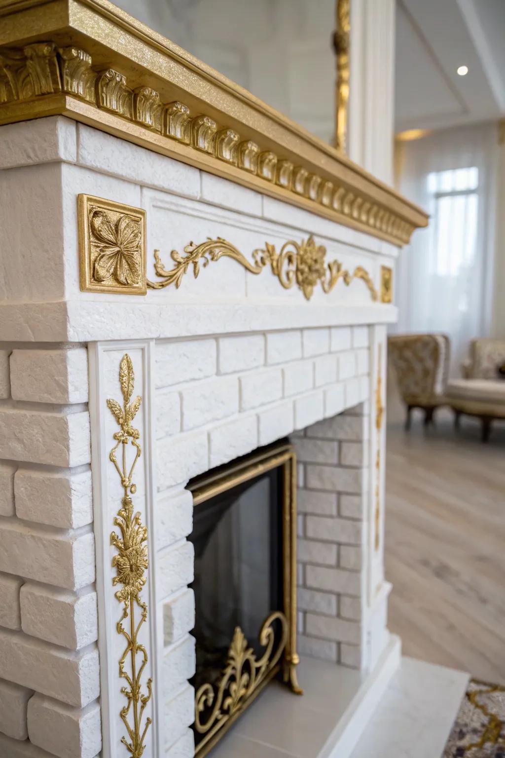 Golden highlights incorporate a lavish touch to the white brick fireplace.