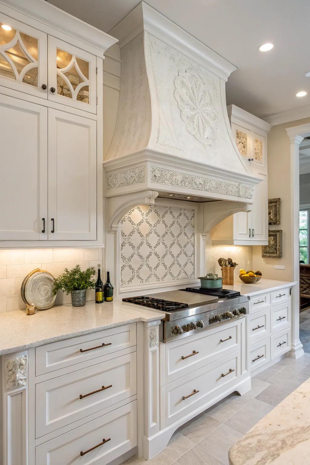A decorative hood serves as the elegant centerpiece in this white kitchen.