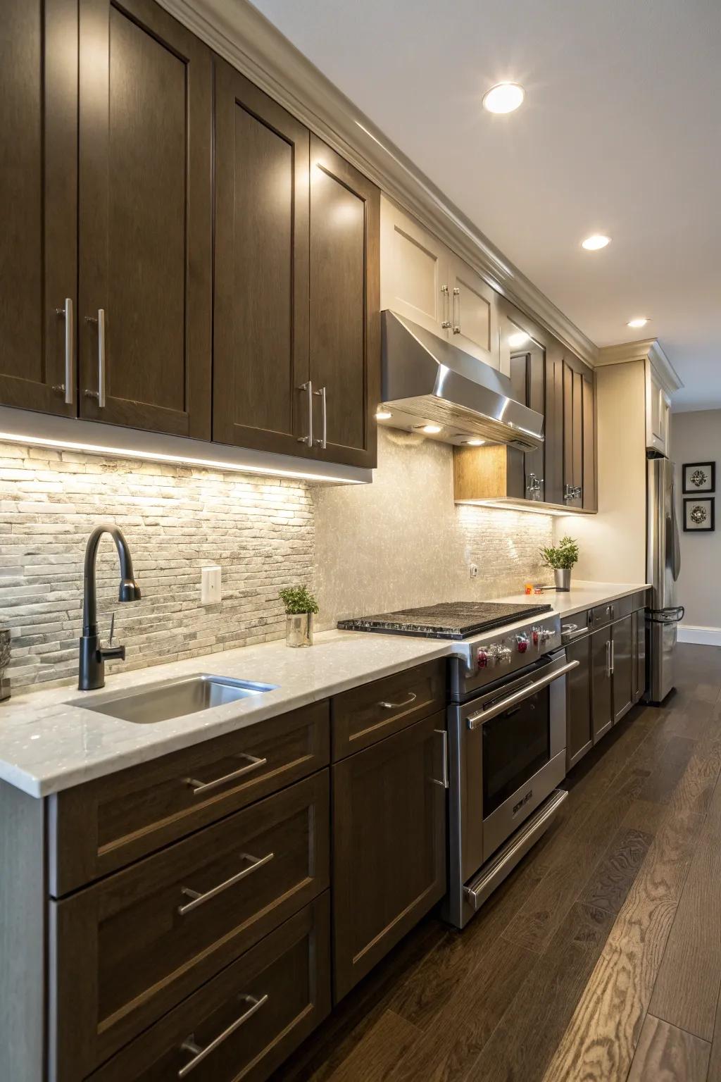 Quartz backsplash beautifully highlighted with beneath-cabinet illumination.