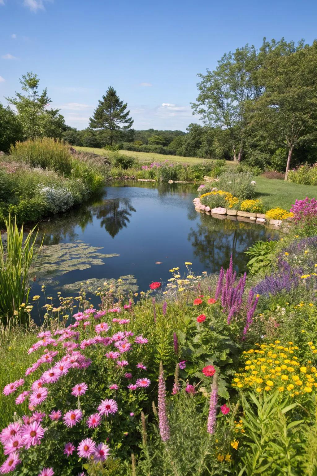 A serene water element framed by beautiful wildflowers.