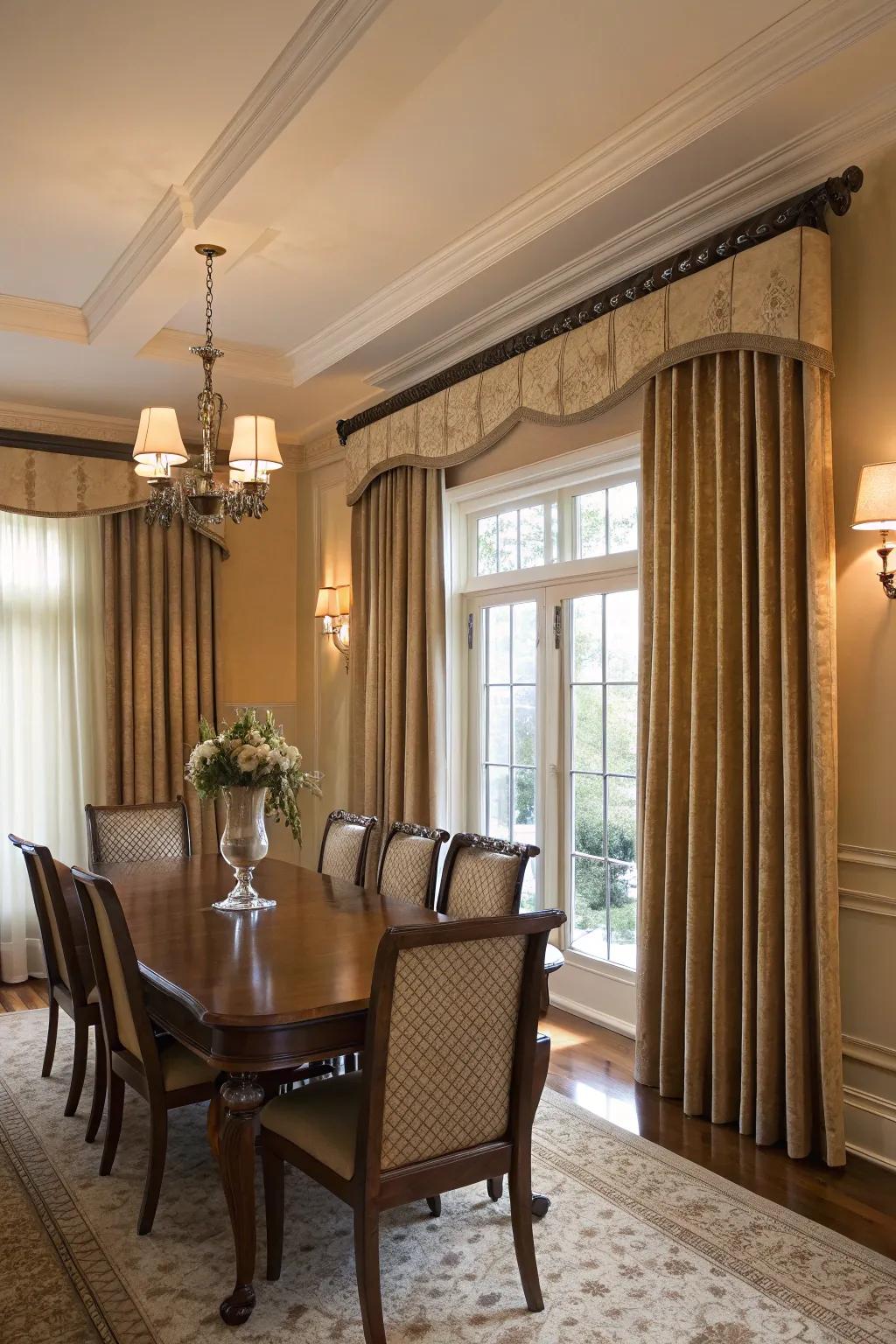 Cornices contribute sophistication by concealing drapery rods.