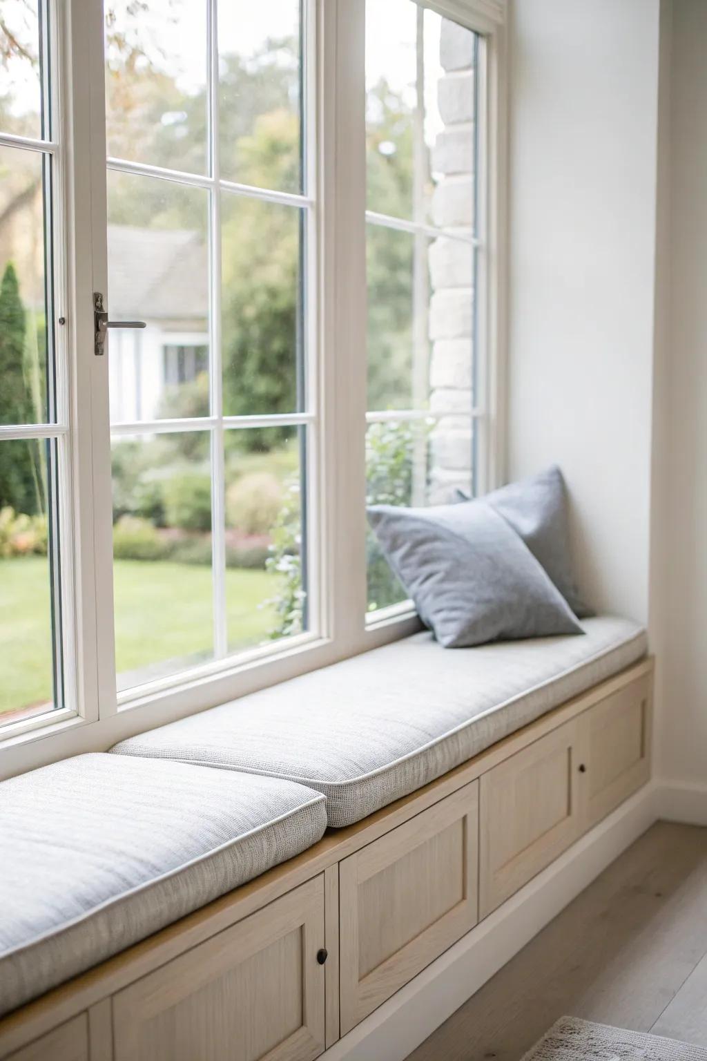 A minimalist window seat that has neutral colors.