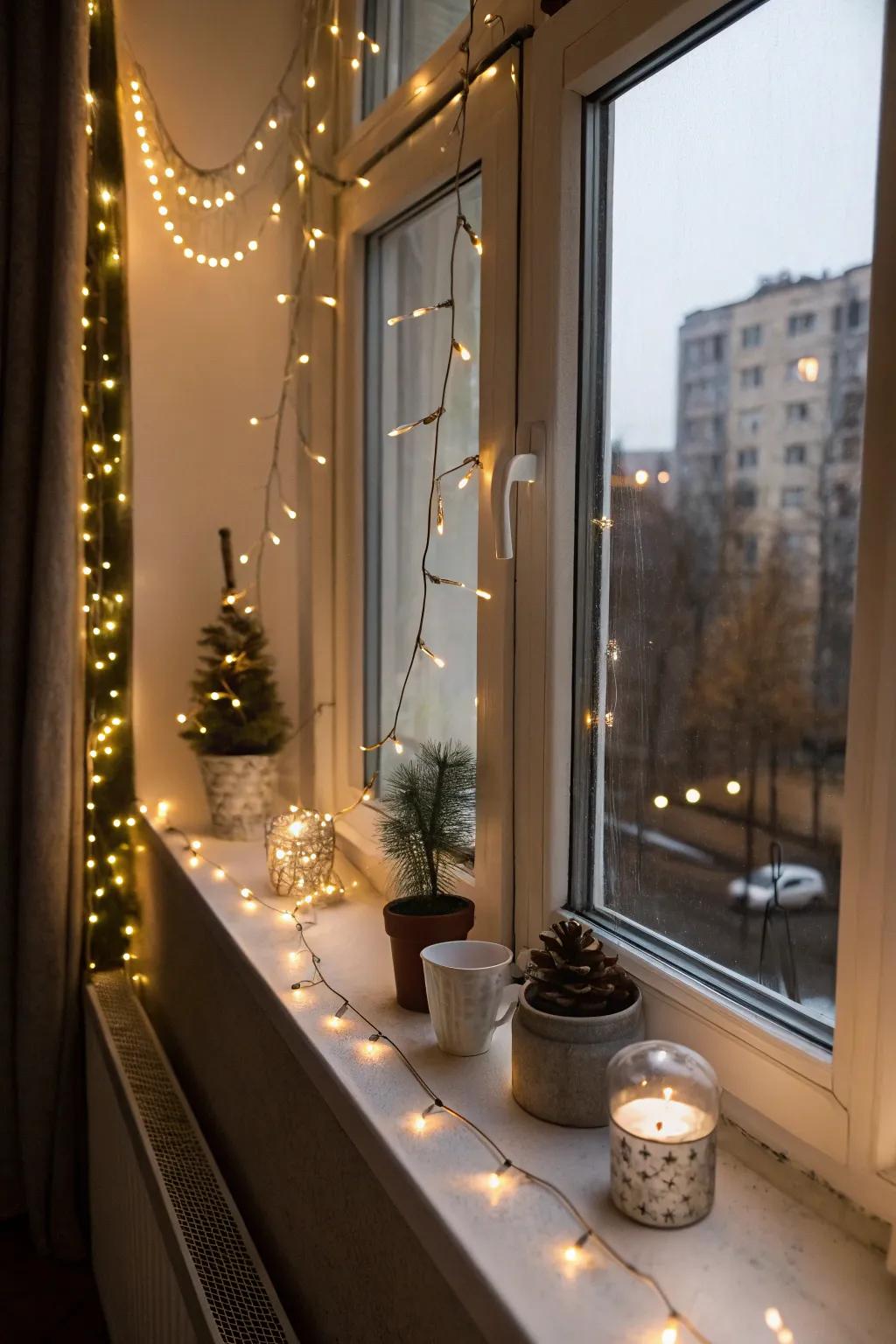 String lighting adds a playful shimmer to this window sill.