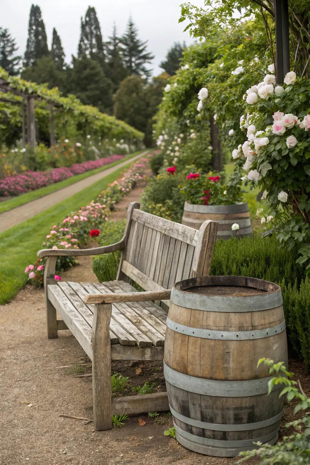 A snug garden bench utilizing wine barrels as a base.