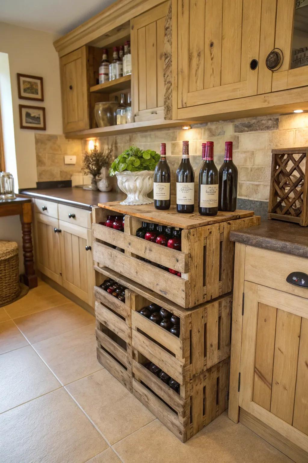 Repurposed crates bring rustic farmhouse aesthetics to wine storage.