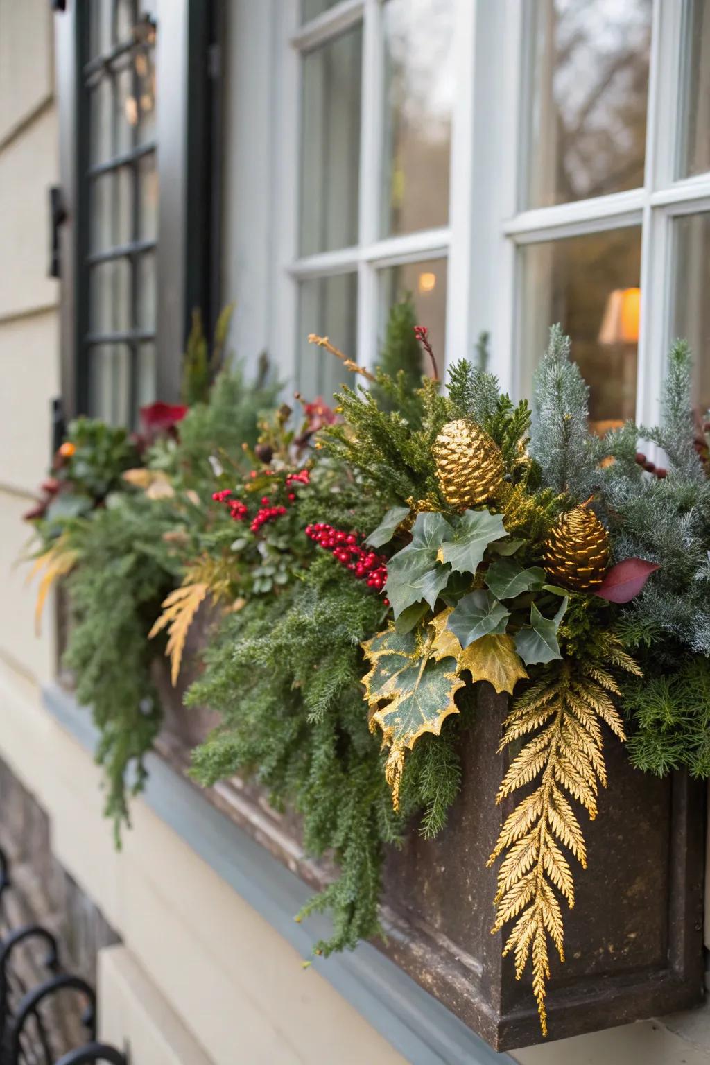 Gilded embellishments bestow warmth and opulence upon this winter window box.