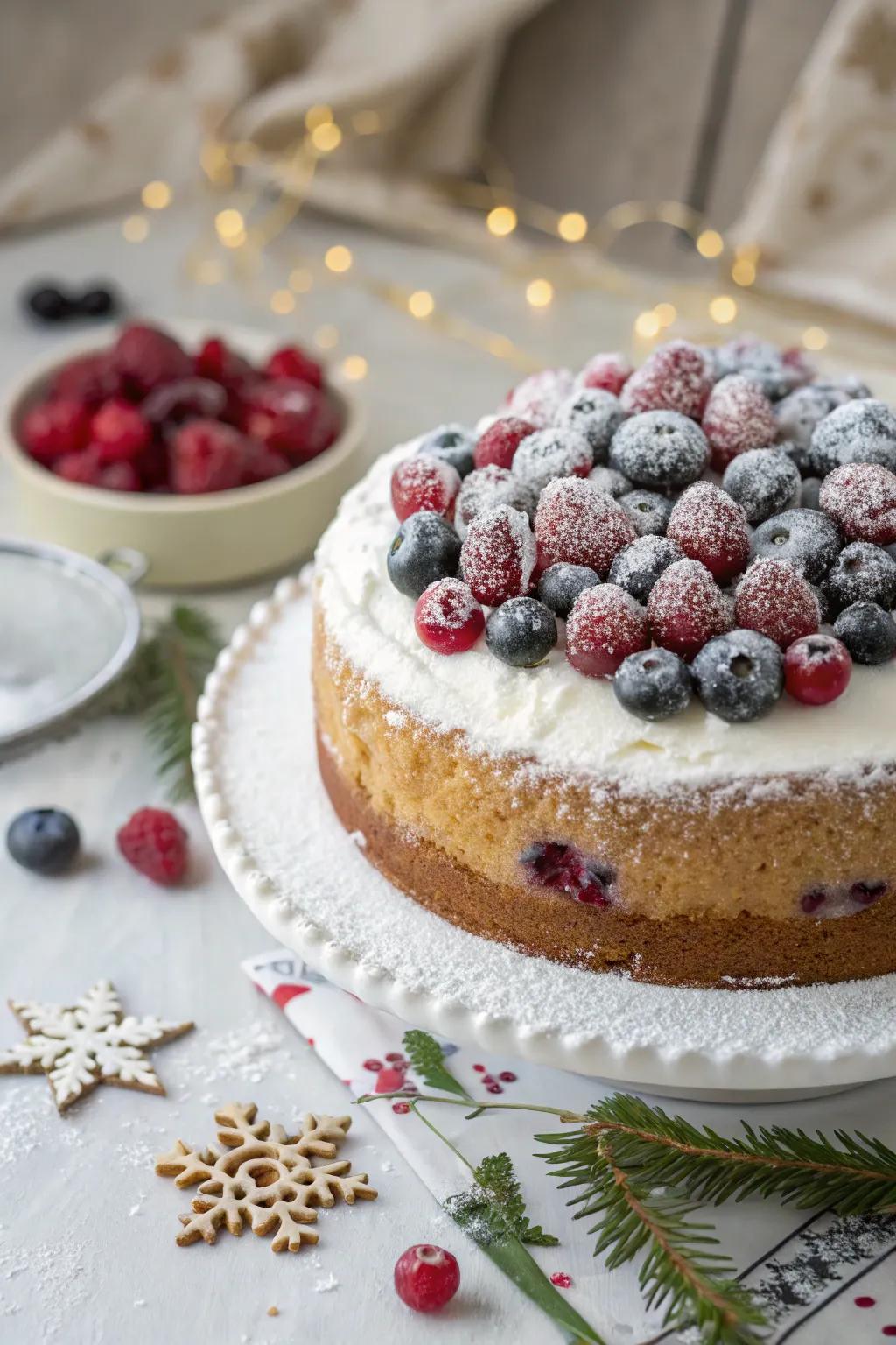 Frigid berries inject a burst of pigment into this winter cake.