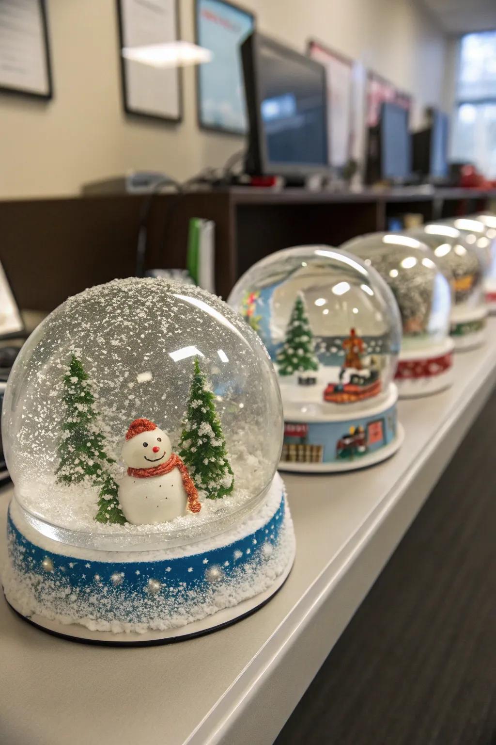 Handcrafted snow orbs channel a personalized refinement into your office's embellishments.