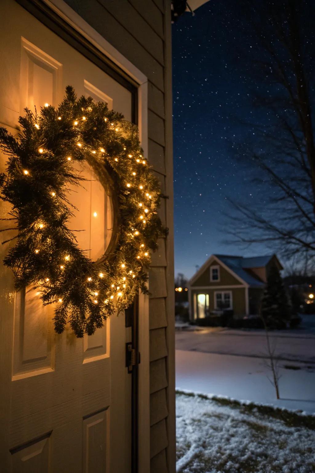 Radiant lights introduce warmth and magic to this winter wreath.