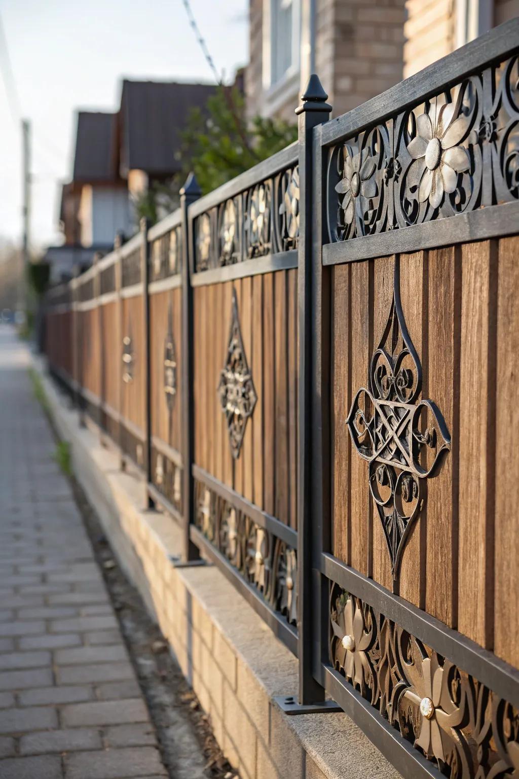A personalized fence featuring ornamental metal add-ins and timber panels.