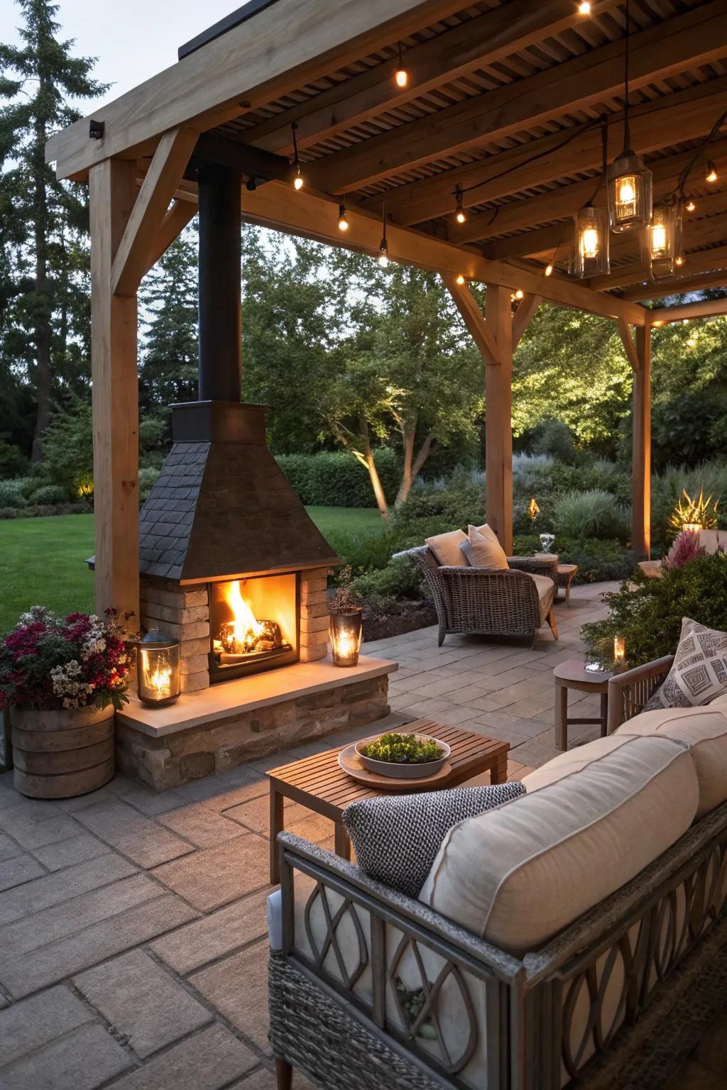 An outdoor haven featuring a snug patio fireplace.