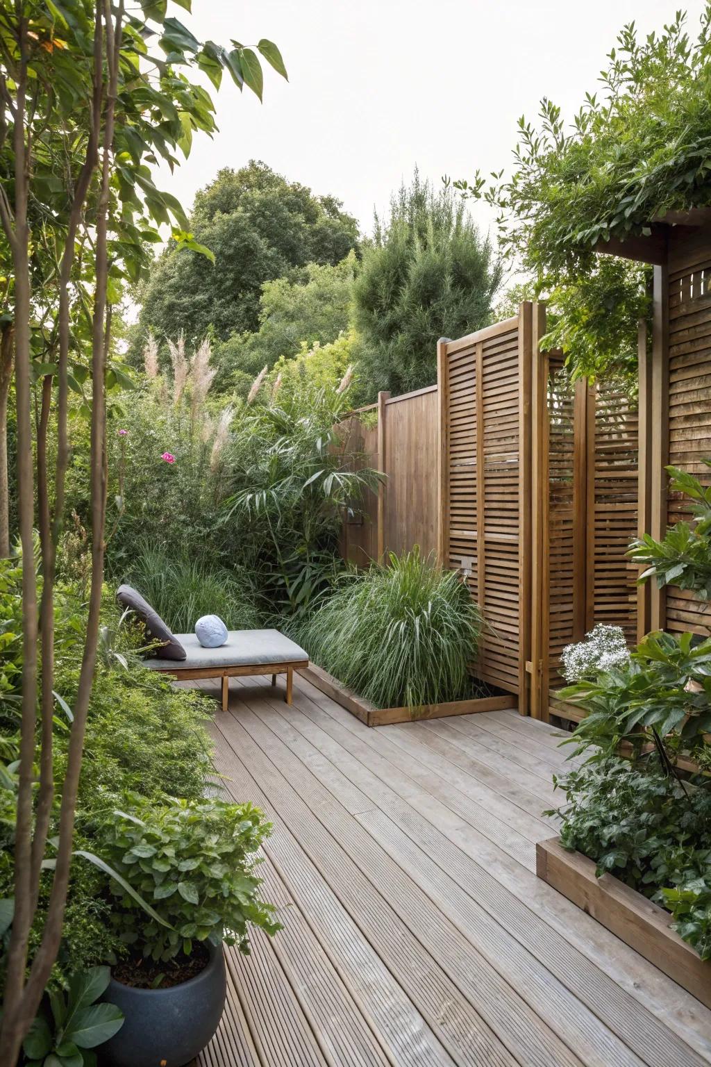 A concealed deck retreat proffers serenity and seclusion within your personal backyard.